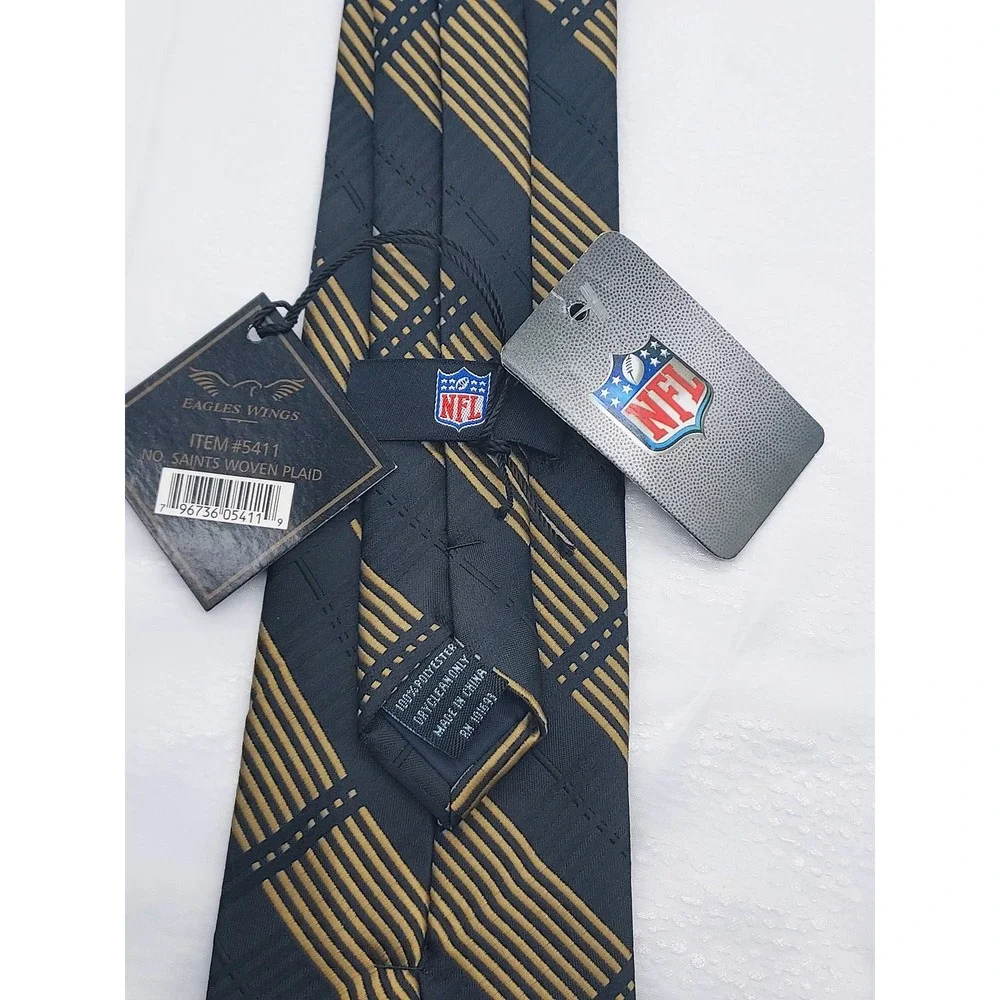 NFL New Orleans Saints Eagles Wings Mens Black Gold Plaid Woven Necktie 5411 NEW